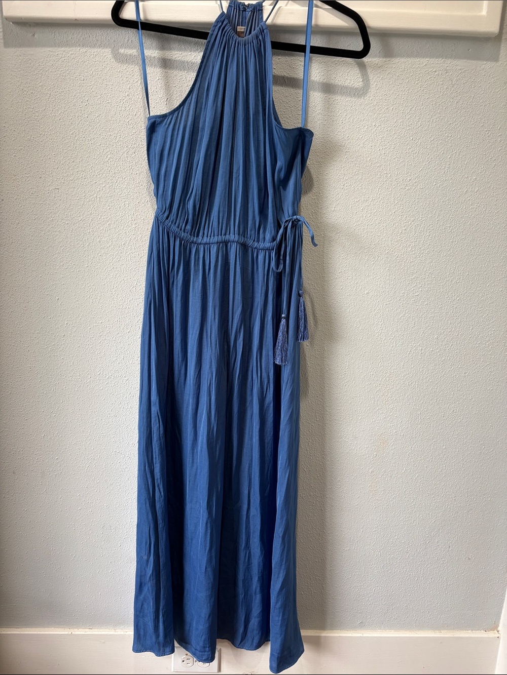 LOFT Dusty Blue Halter Neck Maxi Dress with Waist Tassel